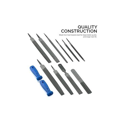  NEIKO 00109A Metal File and Rasp Set | 12 Piece, 10, 8, and 6 Inch Extra Slim Flat, Half, Mill, and Round Files Set | Non Slip PVC Handle, Wood File | Heat Treated Carbon Steel Two Way File