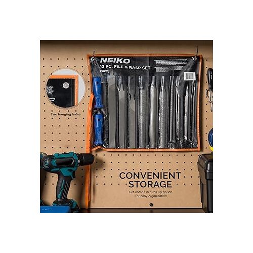  NEIKO 00109A Metal File and Rasp Set | 12 Piece, 10, 8, and 6 Inch Extra Slim Flat, Half, Mill, and Round Files Set | Non Slip PVC Handle, Wood File | Heat Treated Carbon Steel Two Way File