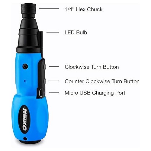  NEIKO 10577A Cordless Power Screwdriver | 1/4” Hex Auto-Lock Safety Chuck | Includes Phillips and Flathead Bit | USB Rechargeable Lithium-Ion Technology | Auto and Manual Mode