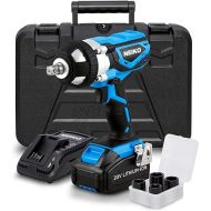 Neiko 10878A 1/2-Inch-Drive High-Torque Cordless Electric Impact-Wrench Kit with 20-Volt Lithium-Ion Charging Battery and 4 1/2-Inch-Drive Sockets