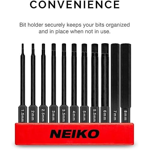 NEIKO 01148A Hex Allen Power Bit Set, 11-Piece Metric Sizes 1.5mm to 8mm | Magnetic Head Bits 3 Quick Release Shanks Premium S2 Steel Compatible with Drills and Impact Drivers