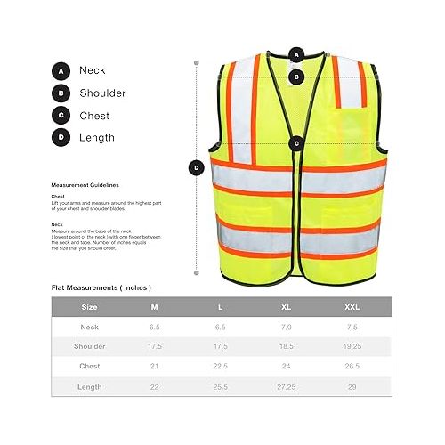  Neiko 53991A X-Large High Visibility Safety Vest, 3 Pockets and Zipper Neon Construction Vest, Neon Yellow, Safety Vest for Men and Women, Adult Safety Vest