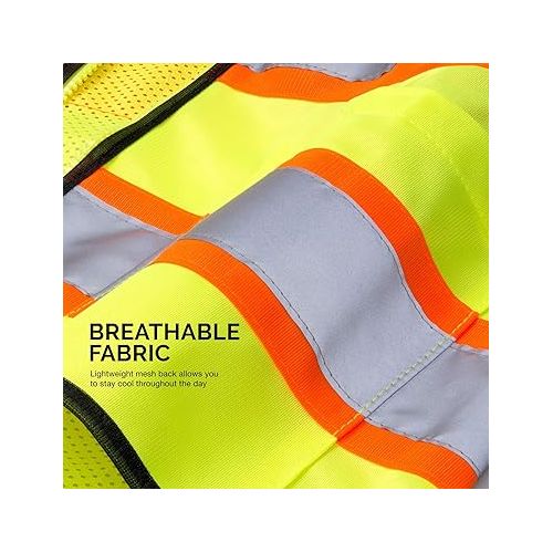  Neiko 53991A X-Large High Visibility Safety Vest, 3 Pockets and Zipper Neon Construction Vest, Neon Yellow, Safety Vest for Men and Women, Adult Safety Vest