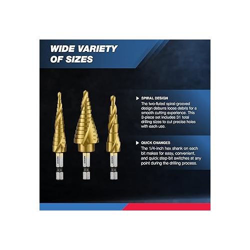  Neiko - 43219-22909 10181A Quick Change HSS Titanium Coated Spiral Grooved Step Drill Bit 3-Piece Set | 31 Step Sizes in One Kit