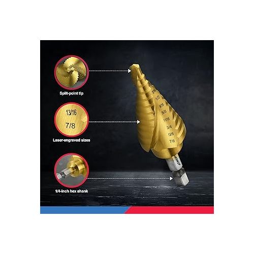  Neiko - 43219-22909 10181A Quick Change HSS Titanium Coated Spiral Grooved Step Drill Bit 3-Piece Set | 31 Step Sizes in One Kit