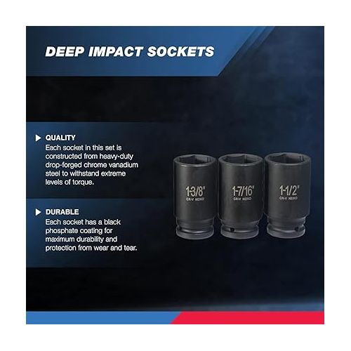  NEIKO 02461A 3/4 Inch Drive Impact Socket Set, SAE 1” to 1-1/2”, 8 PC, Deep/Jumbo Sockets, Chrome Vanadium Cr-V