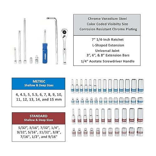  Neiko 02514A 1/4 Inch-Drive Ratchet and Small Socket Set, 58-Piece, Chrome Vanadium Steel, Multi-color