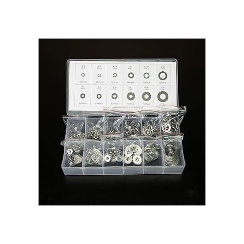  NEIKO 50400A Stainless Steel Lock and Flat Washer Assortment | 350 Piece Set | 12 Different Sizes in Spring Lock and Flat Design | Prevent Loose Fasteners