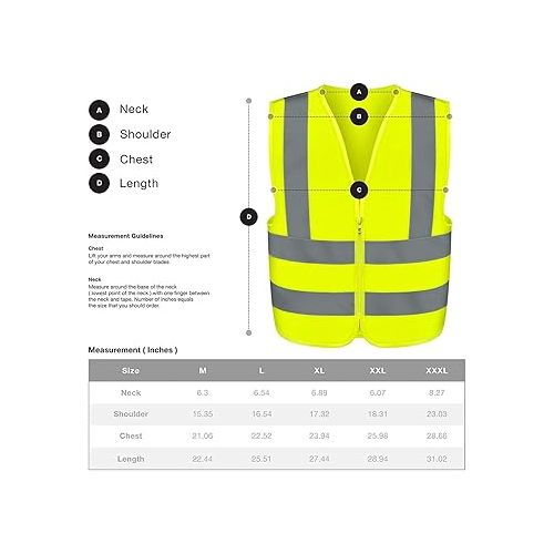 Neiko 53940A High Visibility Safety Vest with Reflective Strips | Size Medium | Neon Yellow Color | Zipper Front | For Emergency, Construction and Safety Use
