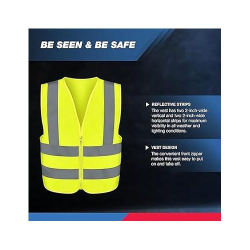  Neiko 53940A High Visibility Safety Vest with Reflective Strips | Size Medium | Neon Yellow Color | Zipper Front | For Emergency, Construction and Safety Use