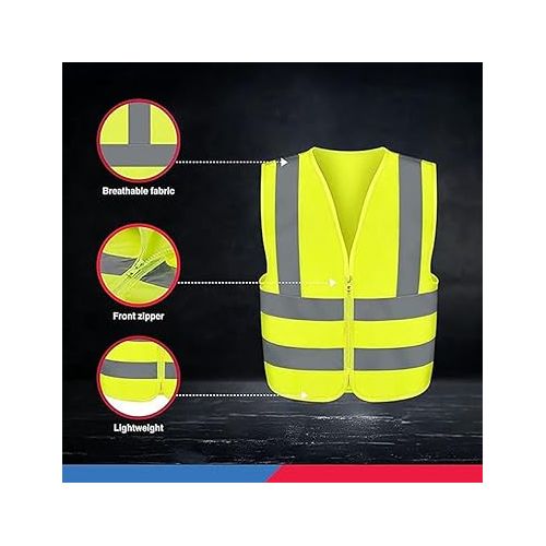  Neiko 53940A High Visibility Safety Vest with Reflective Strips | Size Medium | Neon Yellow Color | Zipper Front | For Emergency, Construction and Safety Use