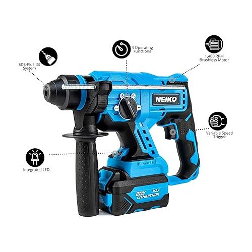  NEIKO 10882A Cordless Rotary Hammer Drill, Includes 20-Volt Li-ion Rechargeable Battery, Fast Charger, SDS Plus Hammer Drill, Heavy Duty Brushless Demolition Hammer, Cordless Hammer Drill, Rotohammer