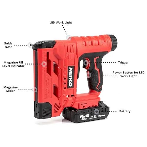  NEIKO 02651A Nail Gun Battery Powered Cordless Brad Nailer & Stapler, 18 Gauge, 2 in 1 Rechargeable Staple Gun & Battery Powered Nail, Cordless Nail Gun, 20V 2.0Ah, Electric Cordless Finish Nailer