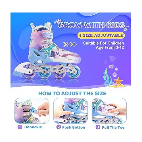  Mermaid 4 Sizes Adjustable Light up Inline Skates for Girls, Roller Blades for Kids, Indoor Beginner Inliner Outdoor