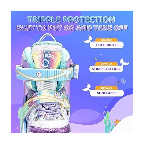  Mermaid 4 Sizes Adjustable Light up Inline Skates for Girls, Roller Blades for Kids, Indoor Beginner Inliner Outdoor