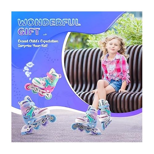  Mermaid 4 Sizes Adjustable Light up Inline Skates for Girls, Roller Blades for Kids, Indoor Beginner Inliner Outdoor