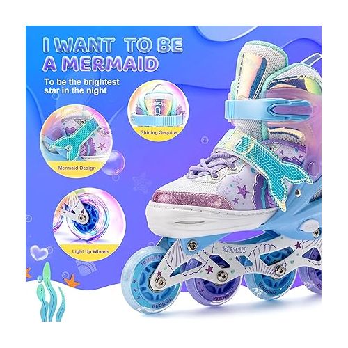  Mermaid 4 Sizes Adjustable Light up Inline Skates for Girls, Roller Blades for Kids, Indoor Beginner Inliner Outdoor