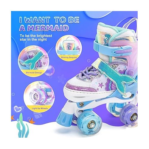  Mermaid 4 Size Adjustable Light up Roller Skates for Girls, Purple Blue Skates for Toddlers, Beginner Kids Roller Skates Indoor Outdoor