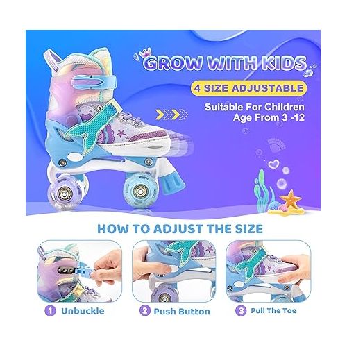  Mermaid 4 Size Adjustable Light up Roller Skates for Girls, Purple Blue Skates for Toddlers, Beginner Kids Roller Skates Indoor Outdoor