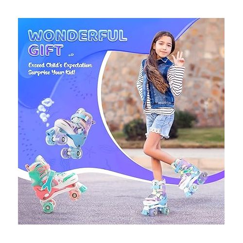  Mermaid 4 Size Adjustable Light up Roller Skates for Girls, Purple Blue Skates for Toddlers, Beginner Kids Roller Skates Indoor Outdoor