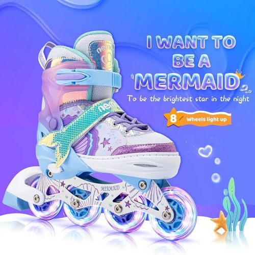  Mermaid or Bunny Strawberry 4 Size Adjustable Light up Inline Skates for Girls, Purple Blue Blades Roller for Kids, Indoor Beginner Inliner Outdoor