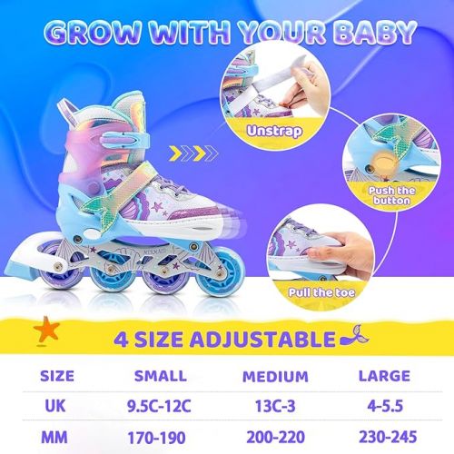  Mermaid or Bunny Strawberry 4 Size Adjustable Light up Inline Skates for Girls, Purple Blue Blades Roller for Kids, Indoor Beginner Inliner Outdoor