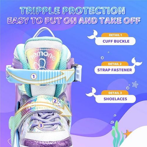  Mermaid or Bunny Strawberry 4 Size Adjustable Light up Inline Skates for Girls, Purple Blue Blades Roller for Kids, Indoor Beginner Inliner Outdoor