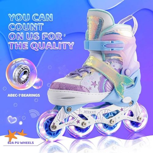  Mermaid or Bunny Strawberry 4 Size Adjustable Light up Inline Skates for Girls, Purple Blue Blades Roller for Kids, Indoor Beginner Inliner Outdoor