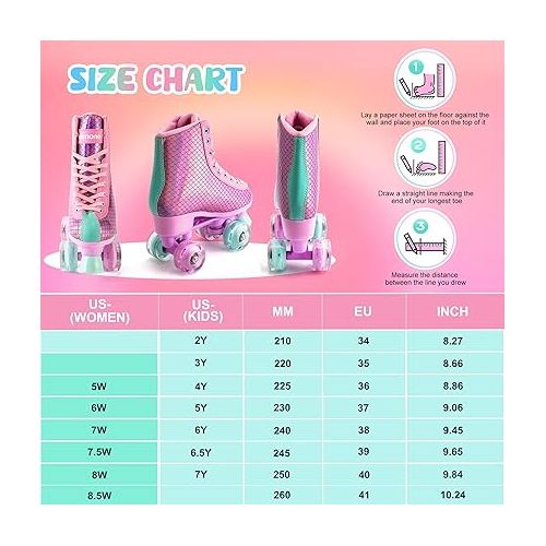  Roller Skates for Girls, Women Roller Skates with Light up Wheels, Classic Shiny Mermaid Rollerskates, High Top Outdoor Indoor Skates for Adults Youth Kids