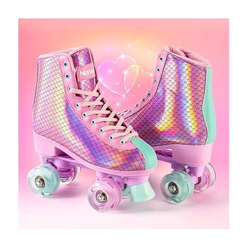  Roller Skates for Girls, Women Roller Skates with Light up Wheels, Classic Shiny Mermaid Rollerskates, High Top Outdoor Indoor Skates for Adults Youth Kids