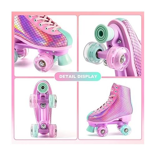  Roller Skates for Girls, Women Roller Skates with Light up Wheels, Classic Shiny Mermaid Rollerskates, High Top Outdoor Indoor Skates for Adults Youth Kids