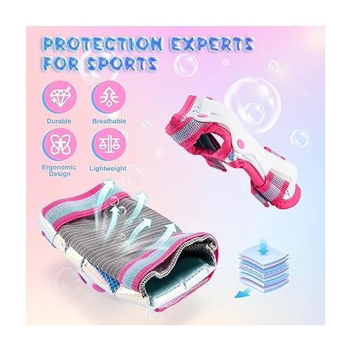  Mermaid Inline Skates (Purple M) with Protective Gear Set Knee Elbow Wrist Guards Pads for Kids Girls (Size M)