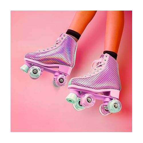  Roller Skates for Girls, Women Roller Skates with Light up Wheels, Classic Shiny Mermaid Rollerskates, High Top Outdoor Indoor Skates for Adults Youth Kids