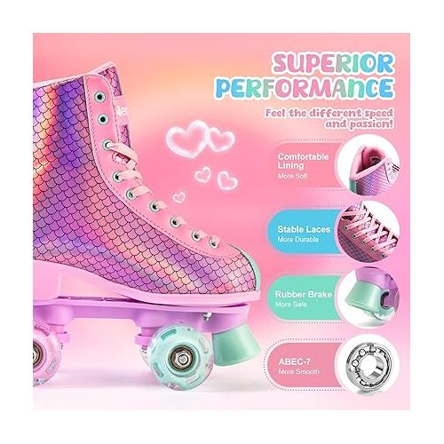  Roller Skates for Girls, Women Roller Skates with Light up Wheels, Classic Shiny Mermaid Rollerskates, High Top Outdoor Indoor Skates for Adults Youth Kids