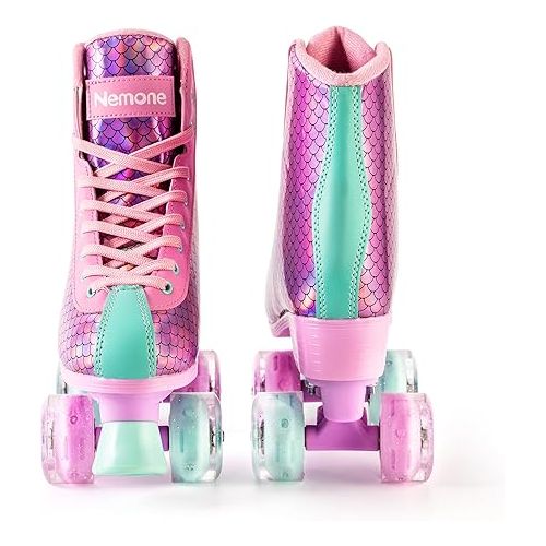  Roller Skates for Girls, Women Roller Skates with Light up Wheels, Classic Shiny Mermaid Rollerskates, High Top Outdoor Indoor Skates for Adults Youth Kids