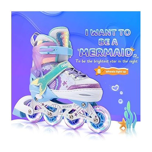  NEMONE Mermaid 4 Sizes Adjustable Light up Inline Skates for Girls, Roller Blades for Kids, Indoor Beginner Inliner Outdoor