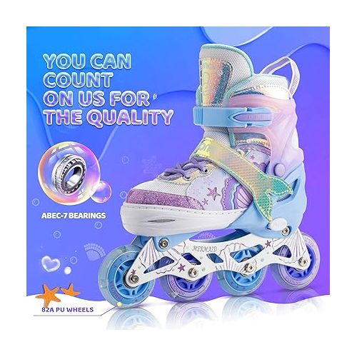  NEMONE Mermaid 4 Sizes Adjustable Light up Inline Skates for Girls, Roller Blades for Kids, Indoor Beginner Inliner Outdoor