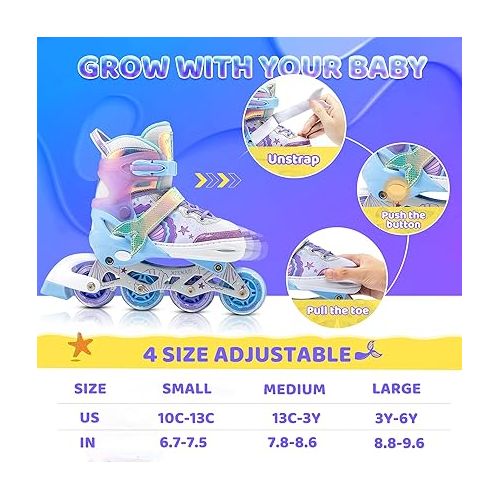  NEMONE Mermaid 4 Sizes Adjustable Light up Inline Skates for Girls, Roller Blades for Kids, Indoor Beginner Inliner Outdoor