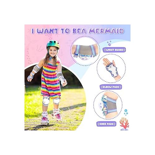  Mermaid Knee Pads for Kids, Girls Boys Knee Elbow Pads Wrist Guards with Drawstring Bag, Adjustable Reflective Protective Gear Set for Roller Skates Bike Cycling Skateboard Scooter LPM