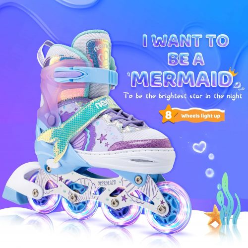  NEMONE Mermaid or Bunny Strawberry 4 Size Adjustable Light up Inline Skates for Girls, Purple Blue Blades Roller for Kids, Indoor Beginner Inliner Outdoor