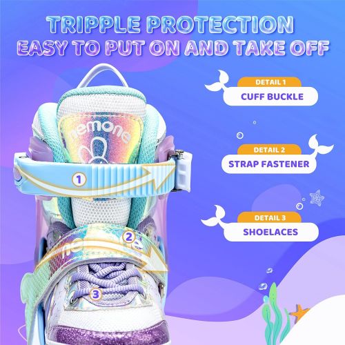  NEMONE Mermaid or Bunny Strawberry 4 Size Adjustable Light up Inline Skates for Girls, Purple Blue Blades Roller for Kids, Indoor Beginner Inliner Outdoor