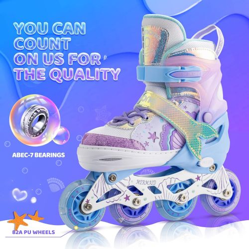  NEMONE Mermaid or Bunny Strawberry 4 Size Adjustable Light up Inline Skates for Girls, Purple Blue Blades Roller for Kids, Indoor Beginner Inliner Outdoor