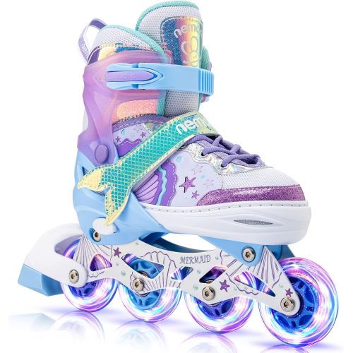  NEMONE Mermaid or Bunny Strawberry 4 Size Adjustable Light up Inline Skates for Girls, Purple Blue Blades Roller for Kids, Indoor Beginner Inliner Outdoor