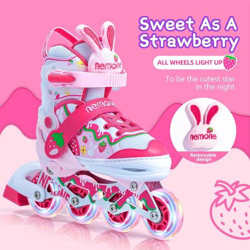  NEMONE Mermaid or Bunny Strawberry 4 Size Adjustable Light up Inline Skates for Girls, Purple Blue Blades Roller for Kids, Indoor Beginner Inliner Outdoor