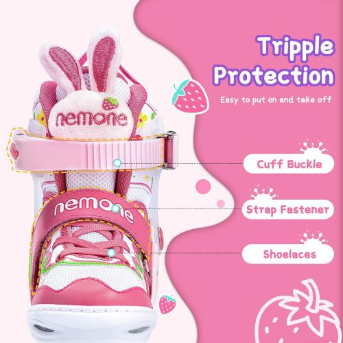  NEMONE Mermaid or Bunny Strawberry 4 Size Adjustable Light up Inline Skates for Girls, Purple Blue Blades Roller for Kids, Indoor Beginner Inliner Outdoor