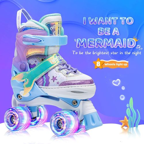  NEMONE Mermaid or Bunny Strawberry 4 Size Adjustable Light up Roller Skates for Girls, Purple Blue Skates for Toddlers, Outdoor Beginner Kids Roller Skates Indoor