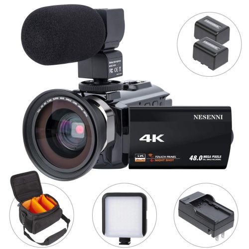  Video Camera 4K Camcorder NESENNI Ultra HD WiFi Digital Camera 48MP Touch Screen 16X Digital Zoom Recorder IR Night Vision Microphone,Wide Angle Lens,LED Video Light,2 Batteries,Sh