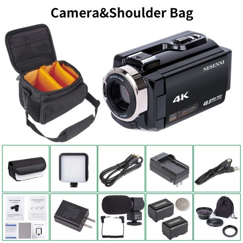  Video Camera 4K Camcorder NESENNI Ultra HD WiFi Digital Camera 48MP Touch Screen 16X Digital Zoom Recorder IR Night Vision Microphone,Wide Angle Lens,LED Video Light,2 Batteries,Sh