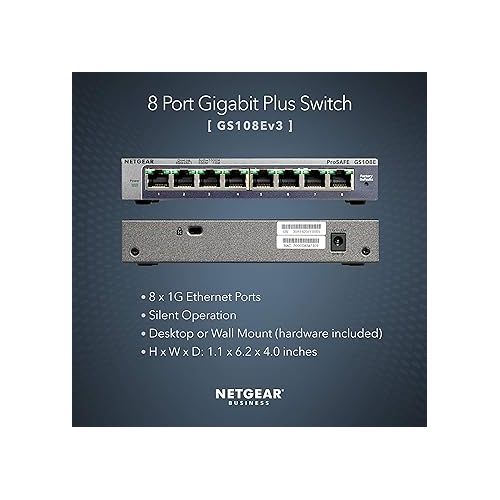  NETGEAR 8-Port Gigabit Ethernet Plus Switch (GS108Ev3) - Desktop, and ProSAFE Limited Lifetime Protection