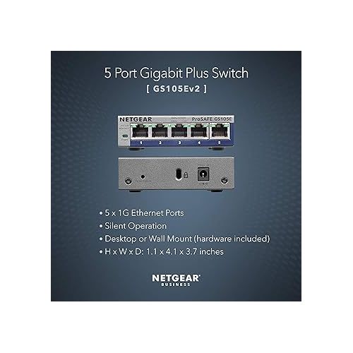  NETGEAR 5-Port Gigabit Ethernet Plus Switch (GS105Ev2) - Managed, Desktop or Wall Mount, and Limited Lifetime Protection